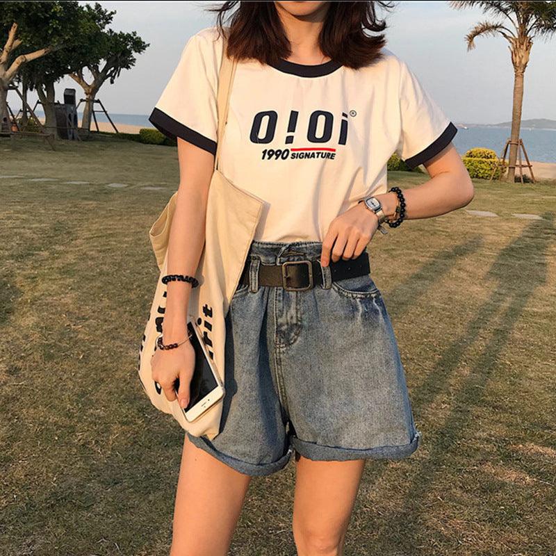 Letter Color Matching Short-sleeved T-shirt Summer Korean Style Slim-fit Student Top - Nioor