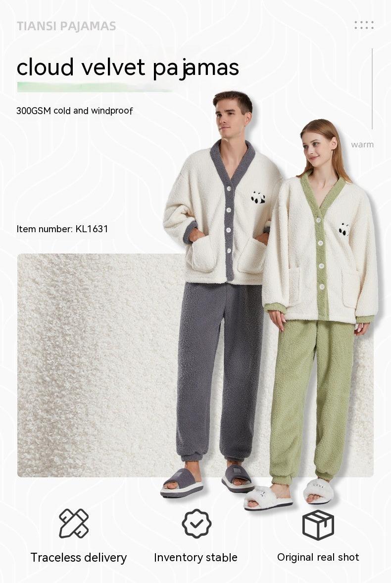 Couple Pajamas Women Winter Coral Fleece Thickened Casual Clothes Half Velvet Cartoon Panda Couple Pajamas Suit - Nioor