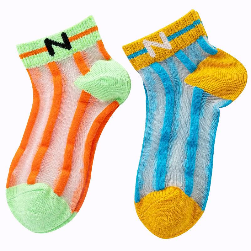 Children's Socks Summer Thin Section Girls Rainbow Vertical Bar Crystal Stockings - Nioor