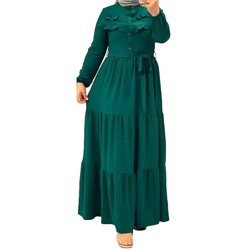 New Muslim Robe Solid Color With Belt Fashion Casual Dress