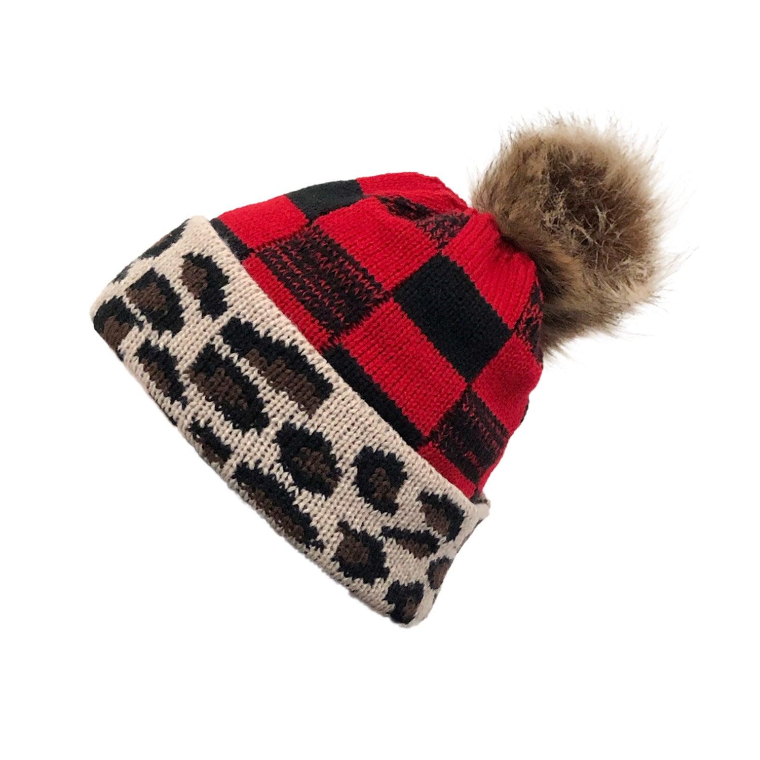 Plaid Fur Ball Knitted Hat Women's Warm Beanie Hat Jacquard Hat Woolen Cap Sleeve Cap - Nioor