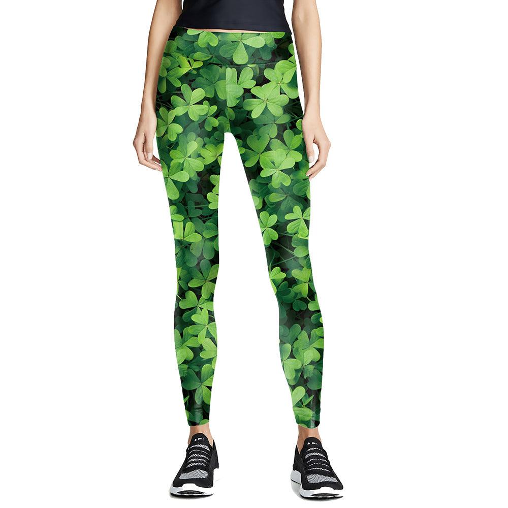 Digital Printed Green Leaf Elastic Slim Fit Running Pants Yoga Pants - Nioor