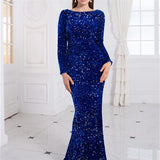 Women Modest Stretch Sequin Royal Blue Evening Prom Gown Party - Nioor