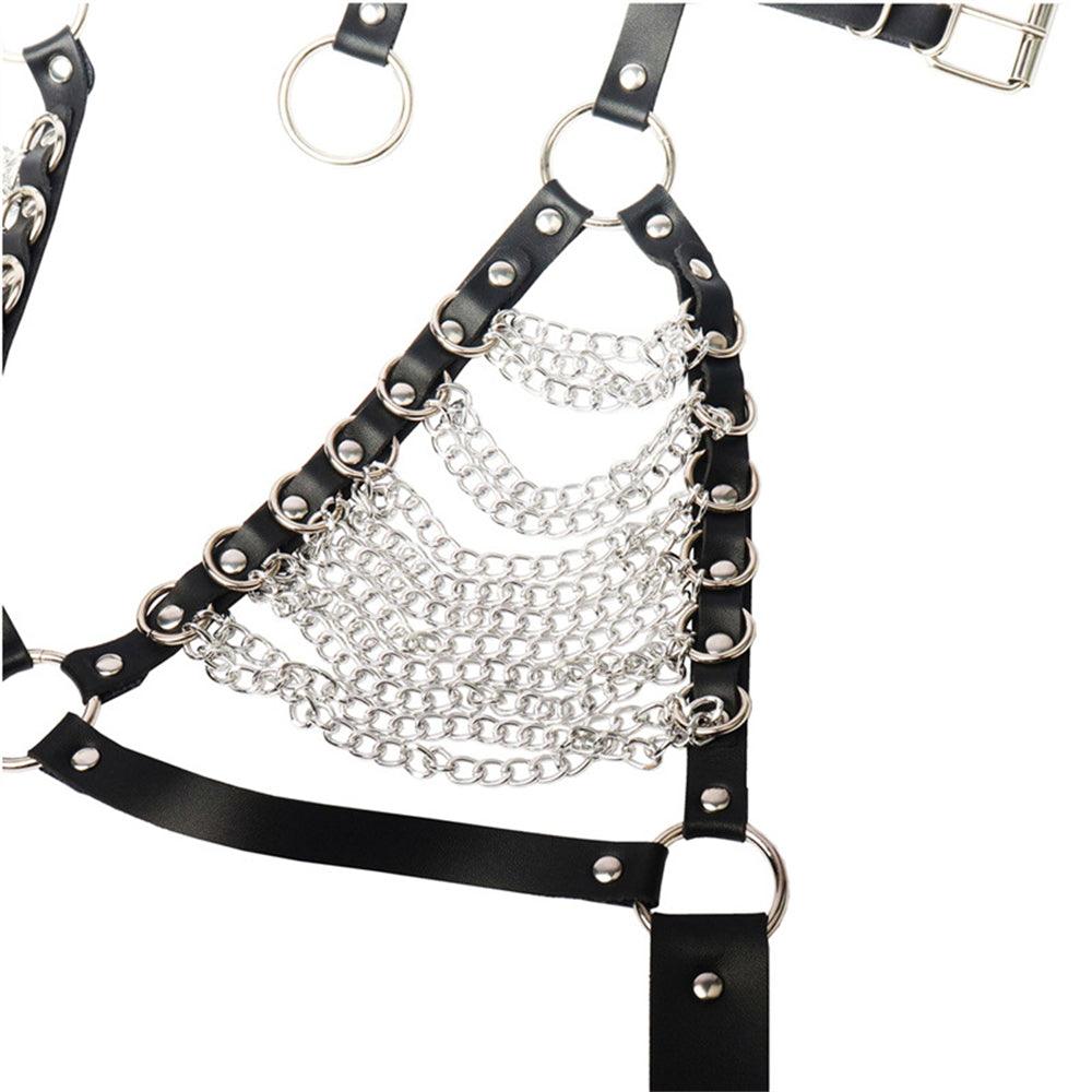 Handsome Lady Studded Punk Collar Belt Nightclub Sexy Metal Chain Strap Punk PU Harness - Nioor