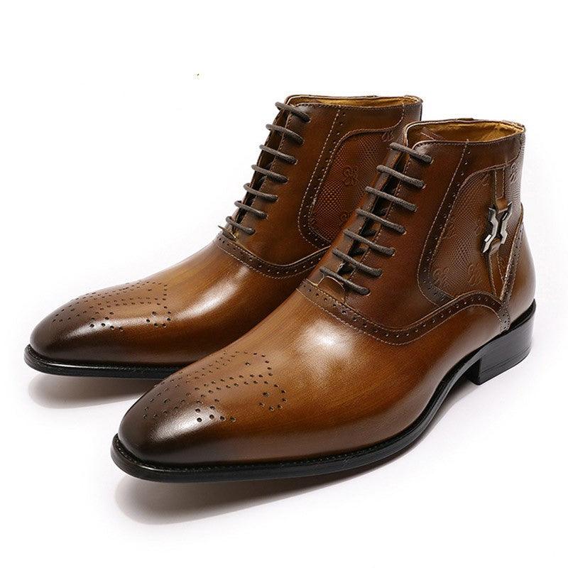 Men's Pointed Leather Boots Front Lace-up Boots - Nioor