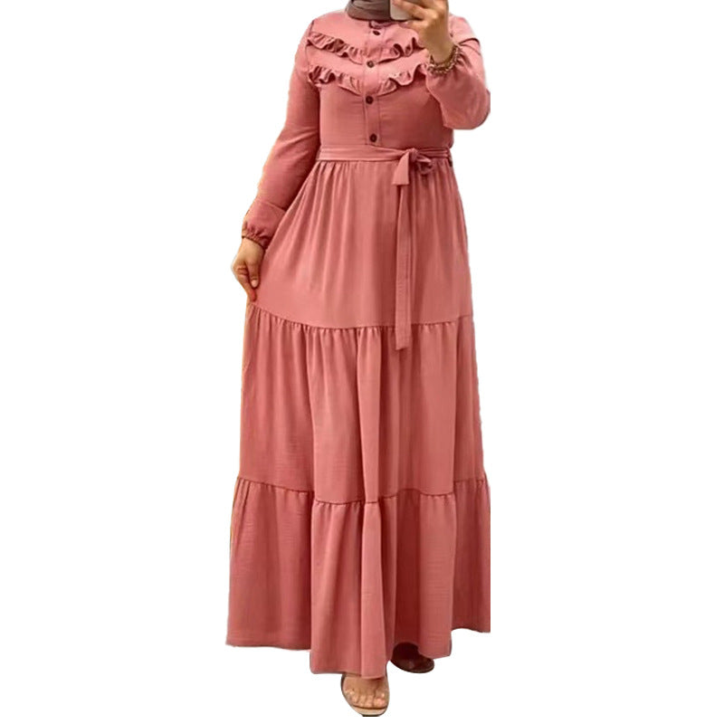 New Muslim Robe Solid Color With Belt Fashion Casual Dress