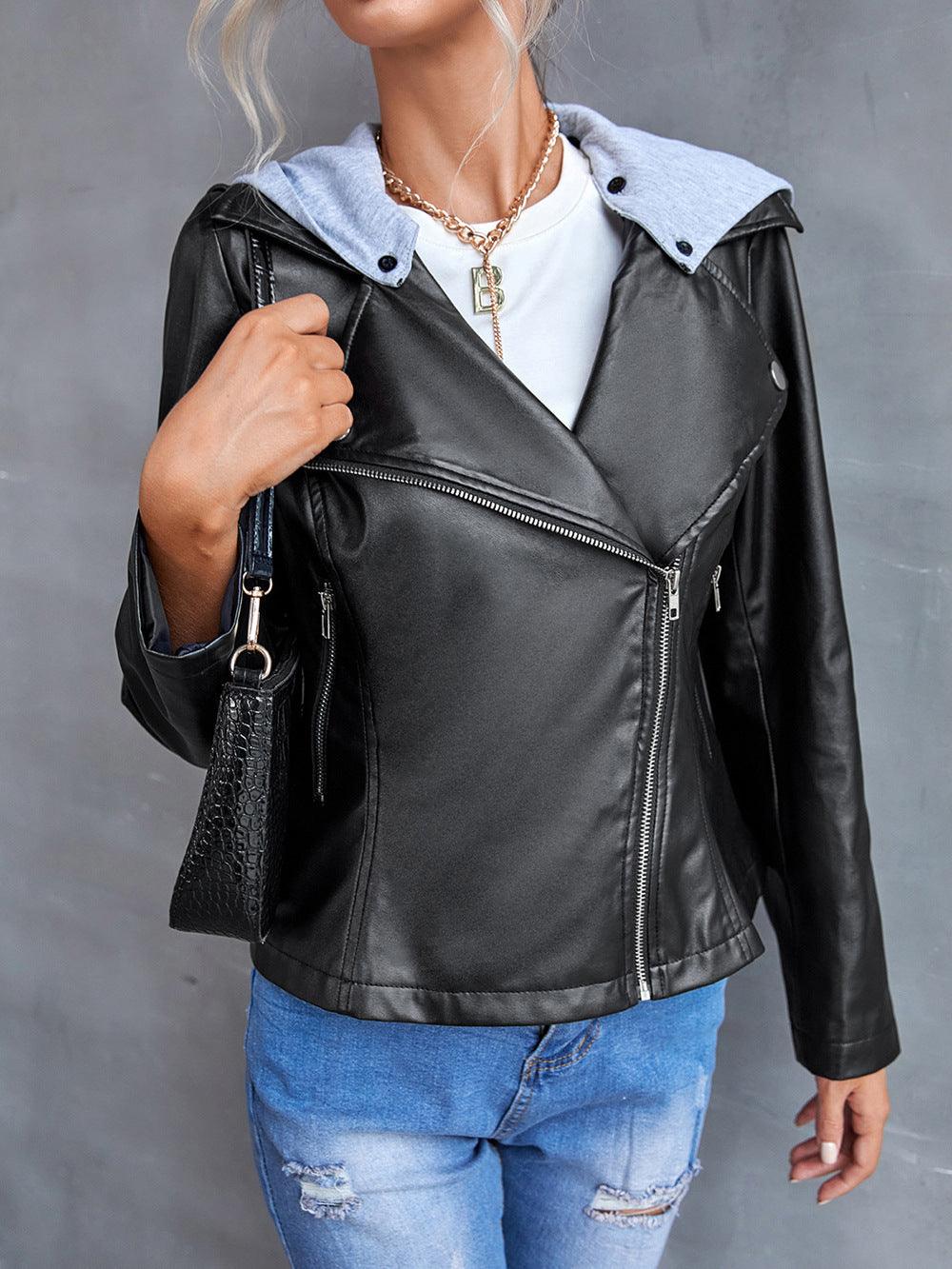 Casual PU Jacket With Hood And Removable Side Zipper - Nioor