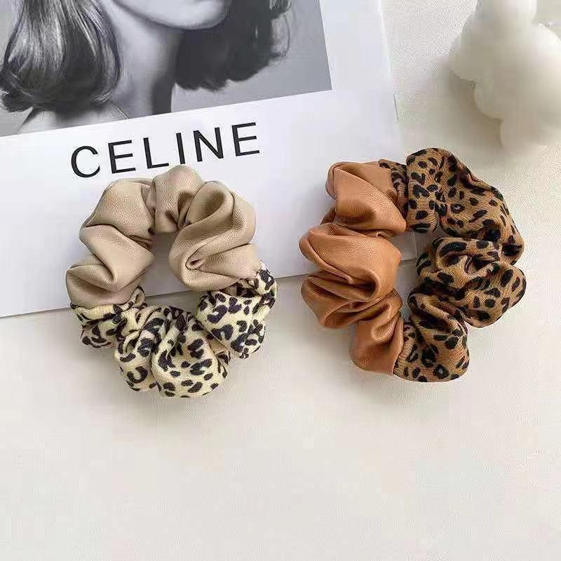 Leopard Print Leather Stitching New Color Block Large Intestine Hair Ring - Nioor