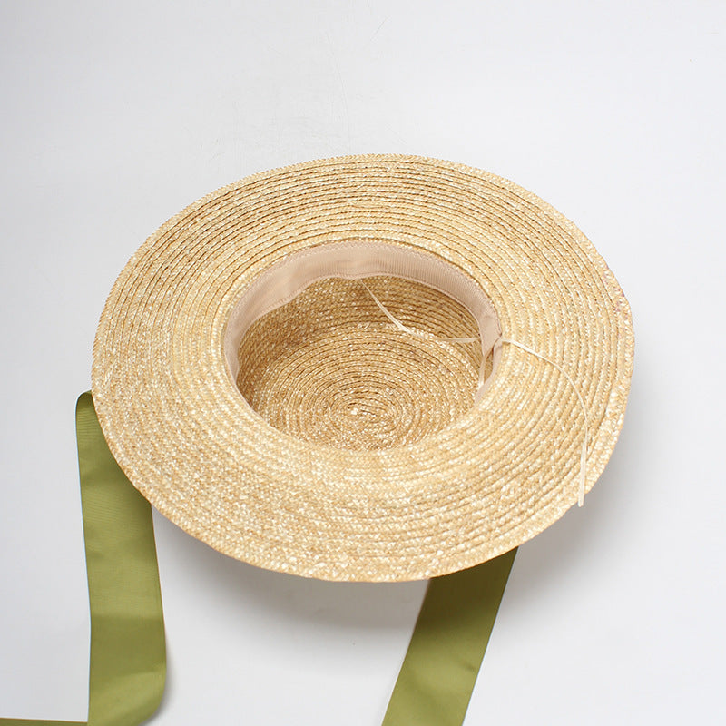 Women's Straw Hat Flat Top Fashion Green Bow Tie