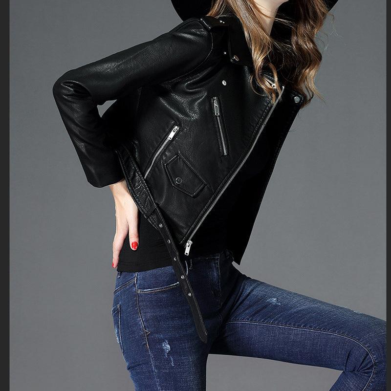 Women's Short Slim PU Leather Jacket - Nioor