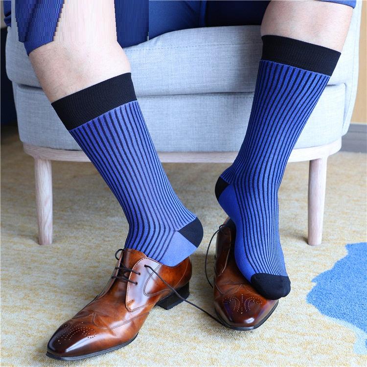 Autumn And Winter Black And Blue Striped Mid-calf Business Men Socks - Nioor