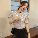 Puff Sleeve Slim T-shirt Women's French Short Padded Shoulder - Nioor