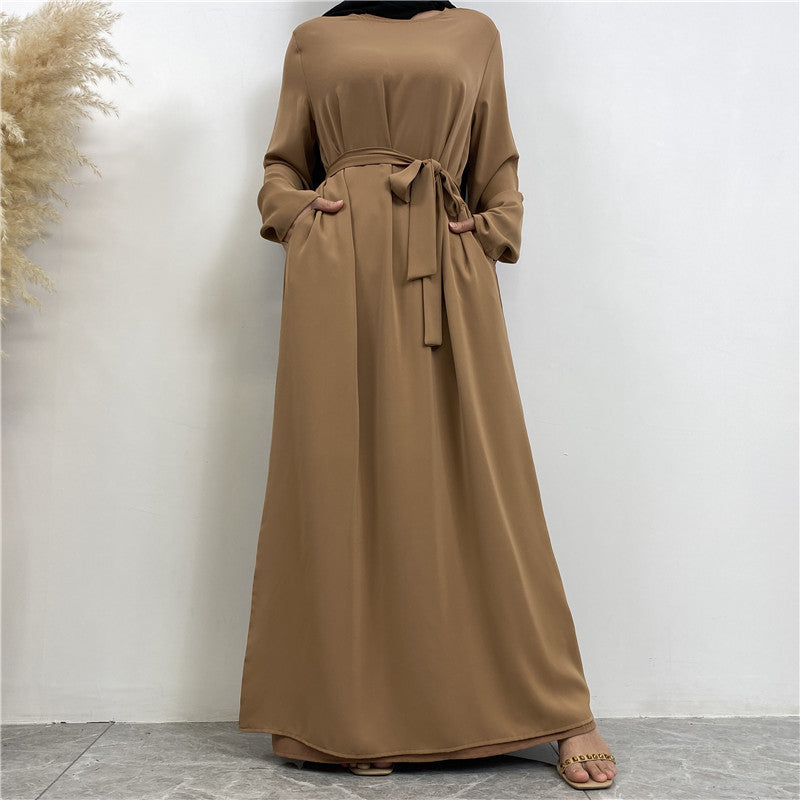 Clear Color Lace Up Muslim Dress With Pockets