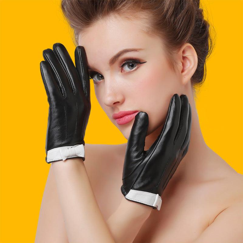 Leather Gloves Ladies Sheepskin Bow - Nioor