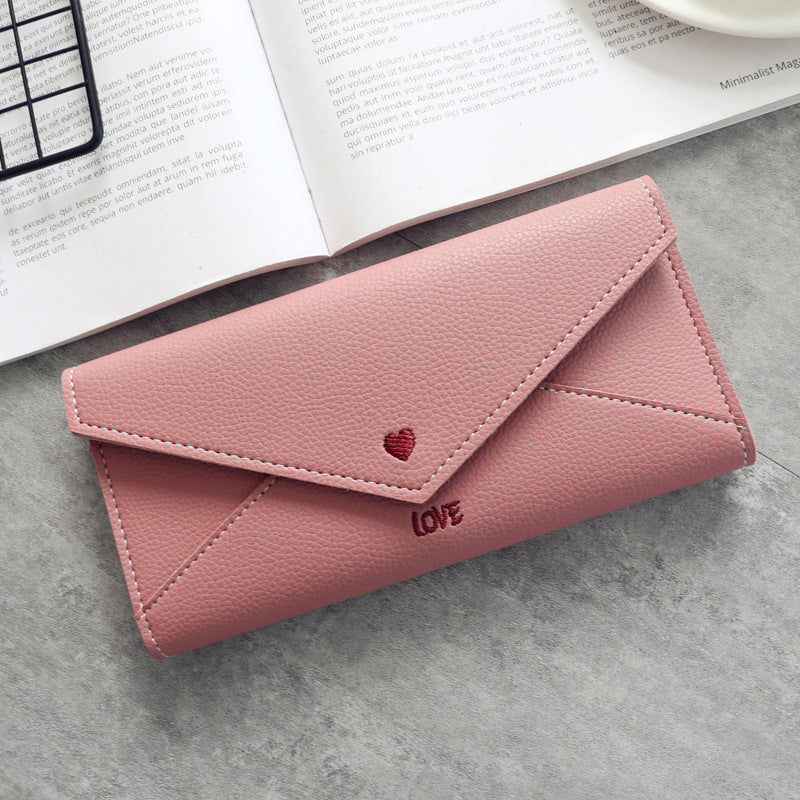 Women's Long Heart-shaped Letter Embroidery Line 2 Fold Multifunctional Simple Wallet Student Multifunctional Wallet