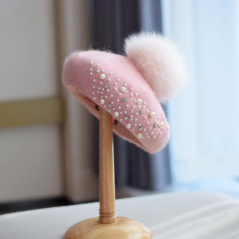 Fox Fur Ball Beret Female Woolen Pearl - Nioor