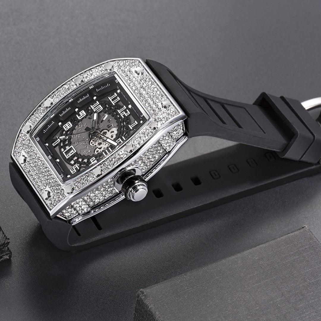 Full Diamond Tonneau Silicone Band Quartz Men's Watch - Nioor