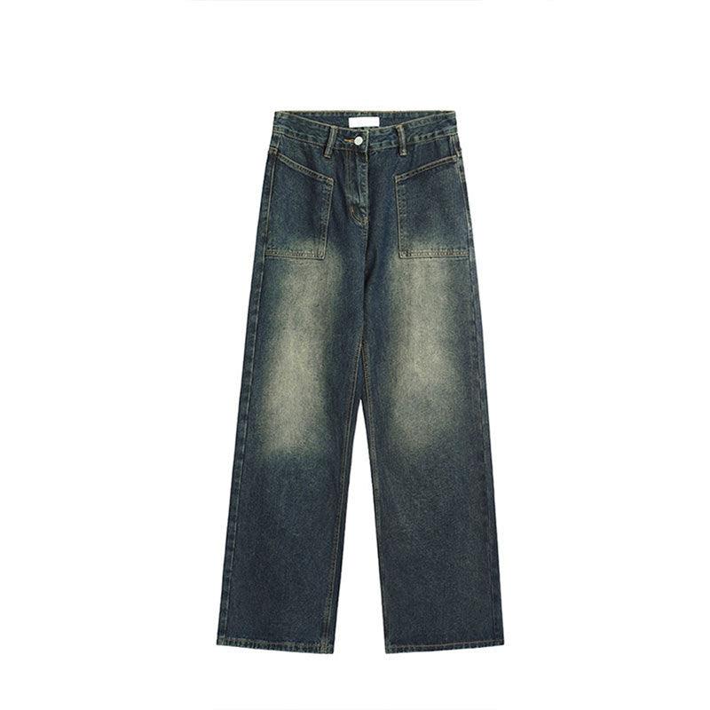 Antique Dark Blue Yellow Mud Color Washed Distressed Straight Jeans - Nioor