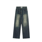 Antique Dark Blue Yellow Mud Color Washed Distressed Straight Jeans - Nioor