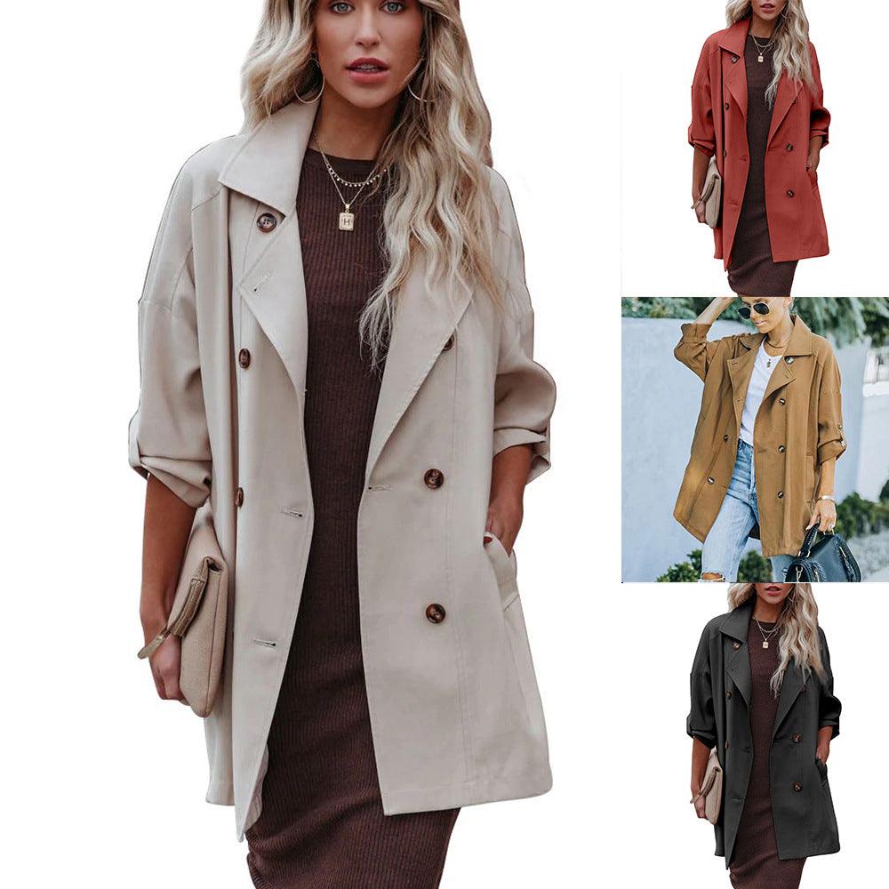 Medium Long Loose Casual Long Sleeve Trench Coat - Nioor