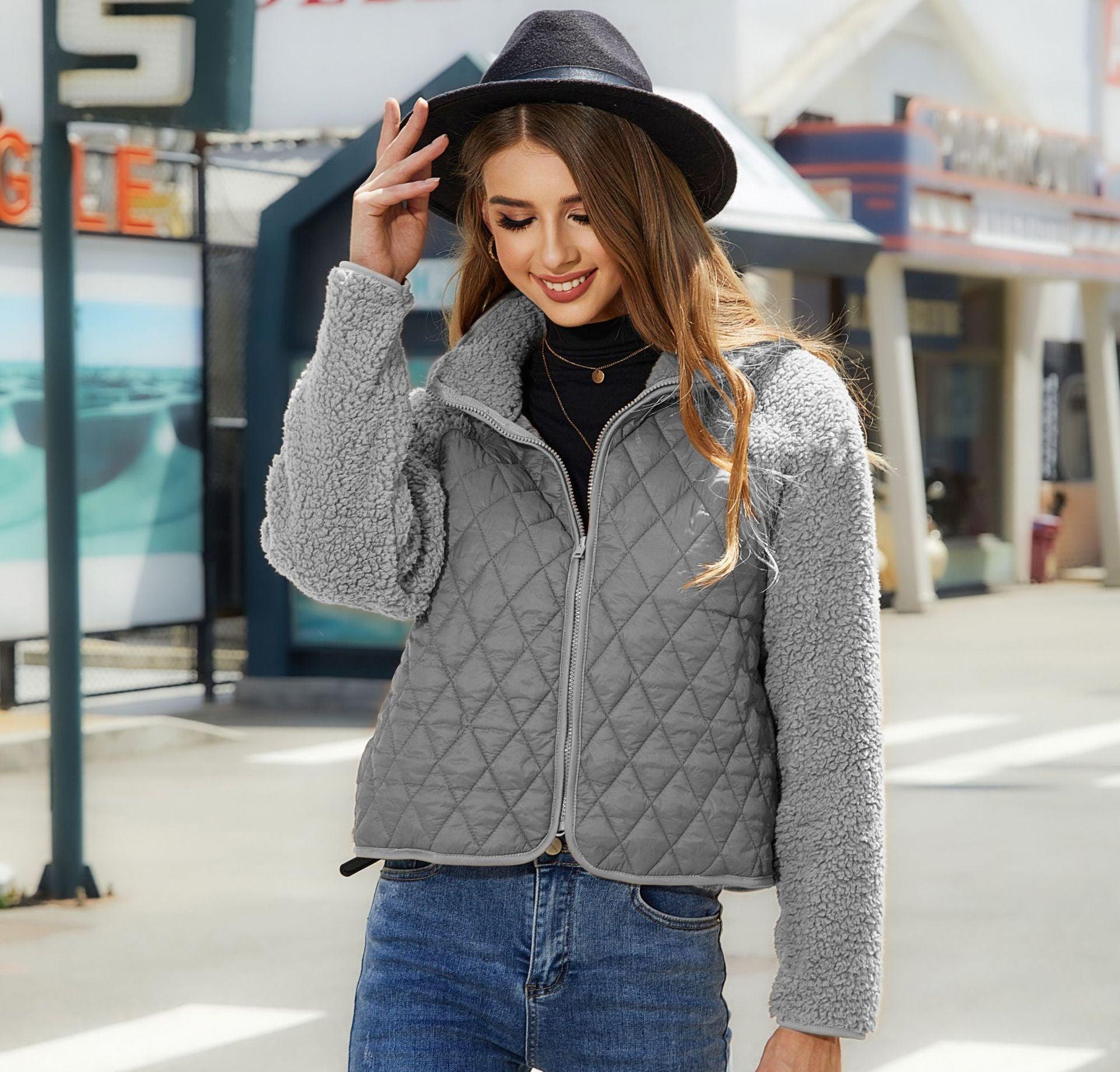 Women's Plush Jacket With Rhombus Stitching Design Clothing Fashion Winter Warm Lamb Lapel Zipper Short Coat Outwear - Nioor