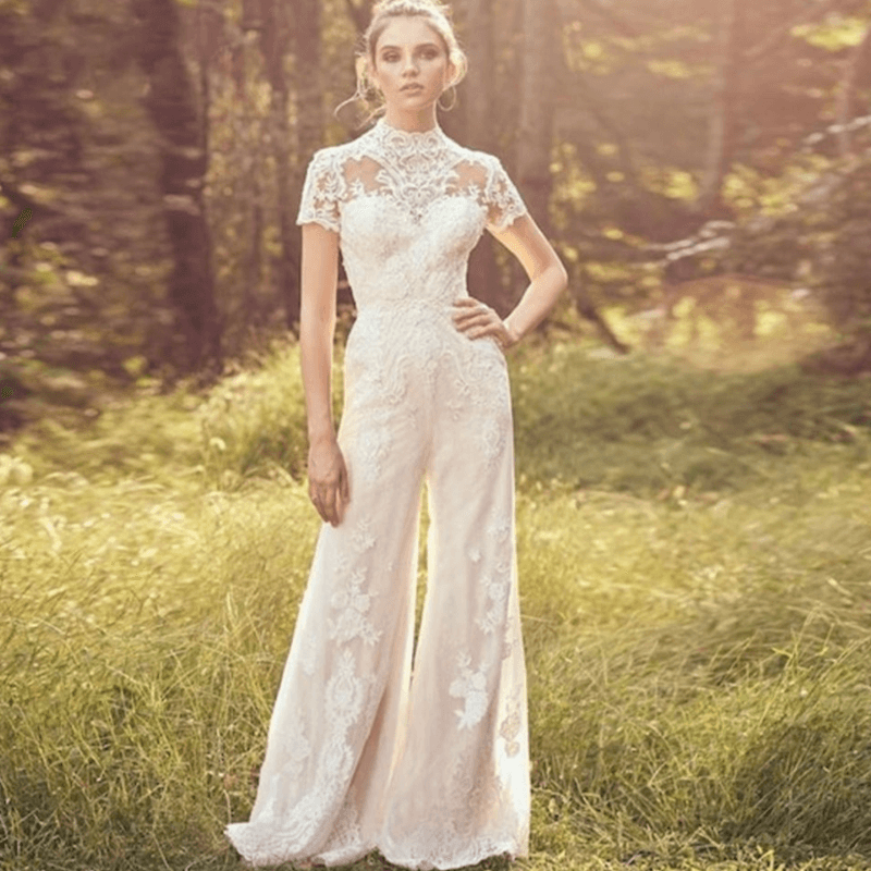 Bride Pants Suit Wedding Bridal Gowns Short Sleeve Jumpsuit - Nioor