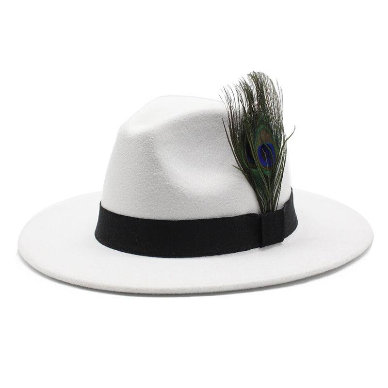 Women's Woolen Big Brim Peacock Feather Casual Sun Hat - Nioor