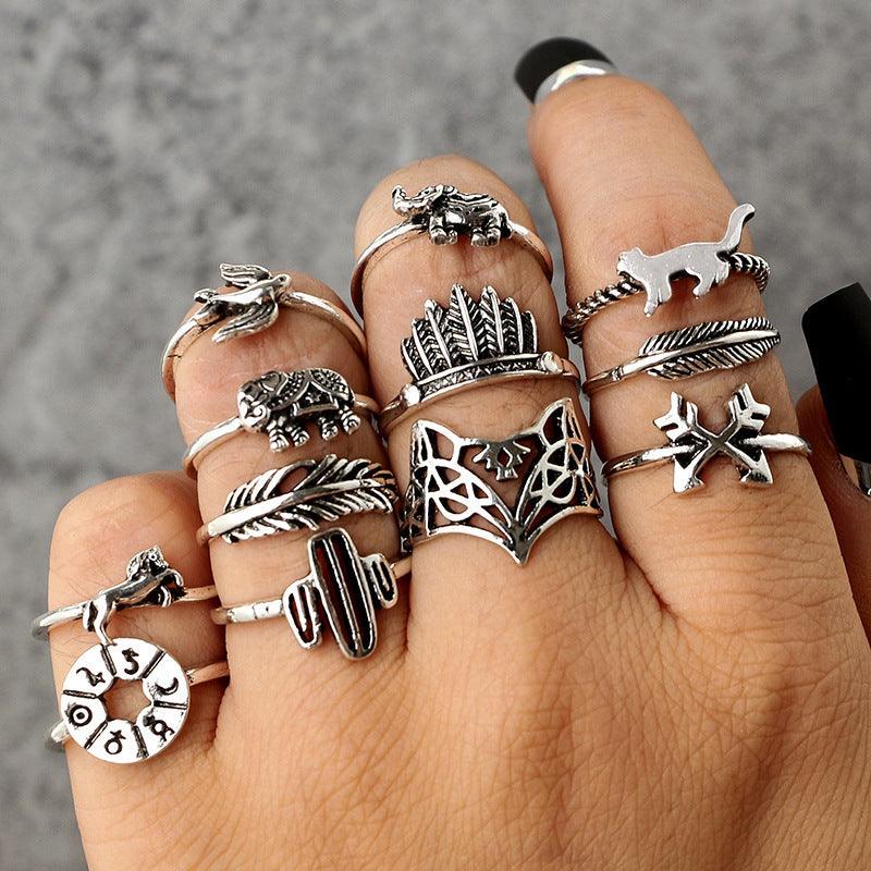 Retro Alloy Set Leaf Fox Elephant Ring 12-piece Set - Nioor