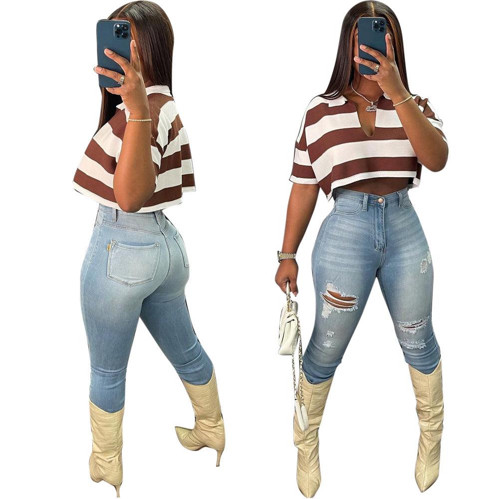 Women's Summer New Sunken Stripe Short-sleeved Top Fashion Positioning Striped Drop-shoulder Sleeve Loose T-shirt - Nioor