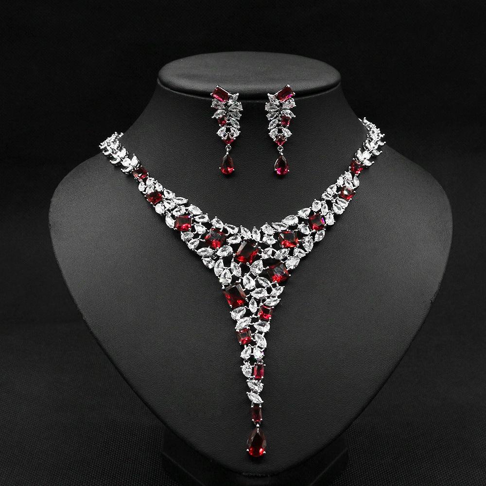 Colorful Zircon Necklace Set Wedding Dress Wedding Earring Accessories - Nioor