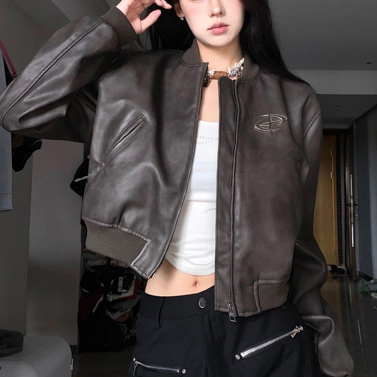 Retro Brown Short Motorcycle Small Leather Coat Pu Jacket Baseball Uniform Baggy Coat Women - Nioor