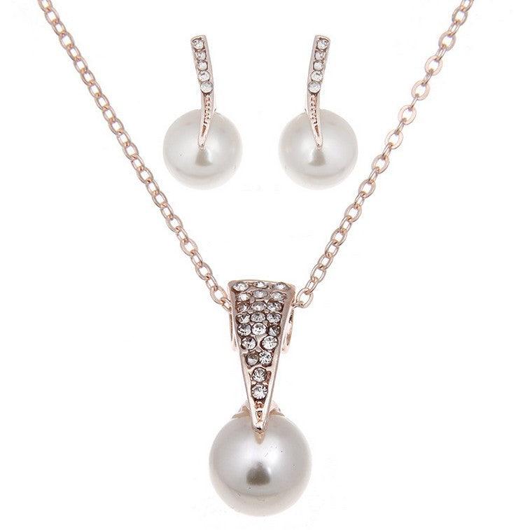 Bride Rhinestone Pearl Earrings Necklace Set Banquet Dress Jewelry - Nioor