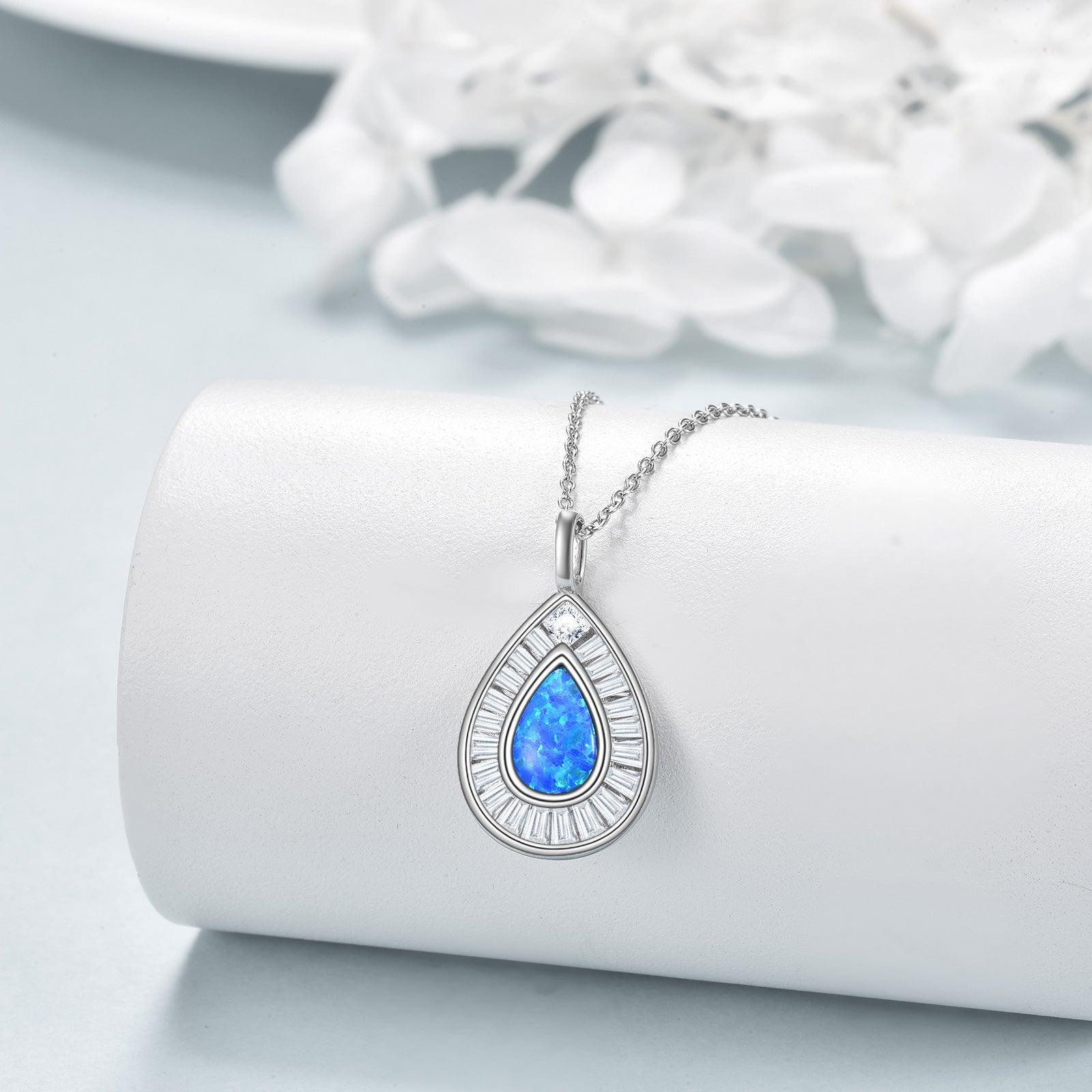 Sterling Silver Blue Opal Teardrop Necklace Jewelry for Women - Nioor