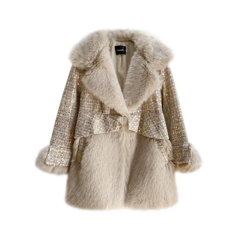 Women's Fashionable Sequins Wool Fur Coat - Nioor