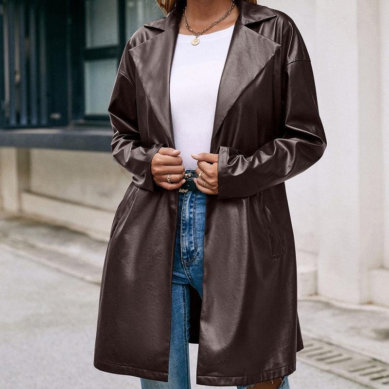 Mid-length Leather Western-lace Slim Long-sleeved Trench Coat - Nioor