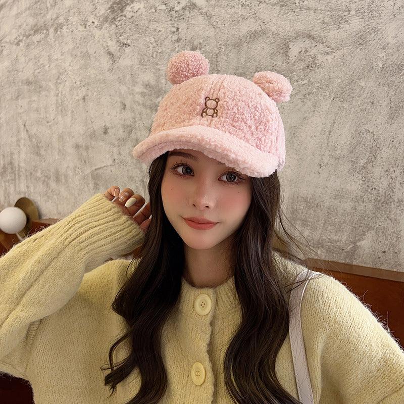 Little Bear Niche Cute Cartoon Autumn And Winter Lamb Fur Peaked Cap - Nioor