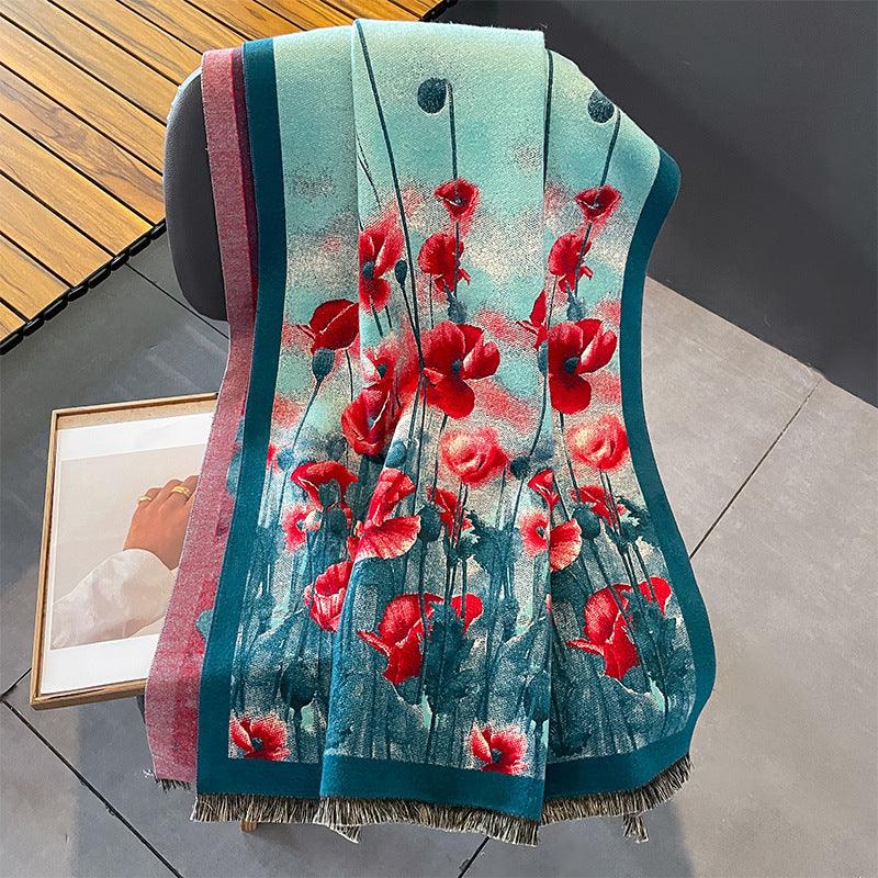 Oil Painting Flowers Artificial Cashmere Scarf Female - Nioor