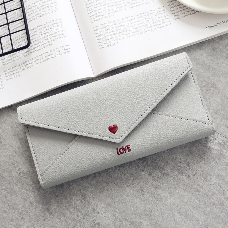 Women's Long Heart-shaped Letter Embroidery Line 2 Fold Multifunctional Simple Wallet Student Multifunctional Wallet