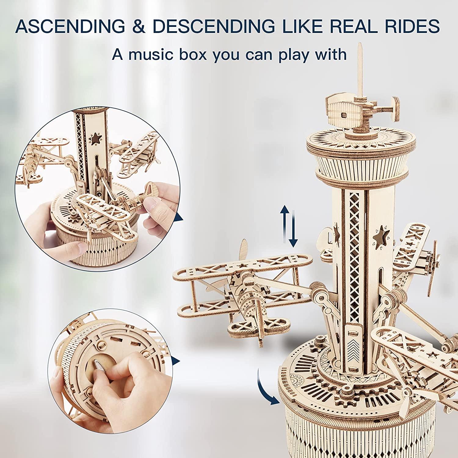 Robotime Rokr 3D Wooden Puzzles For Adults DIY Musical Box Model Kit To Build Self-Assembly Building Kit Airplane- Control Tower - Nioor