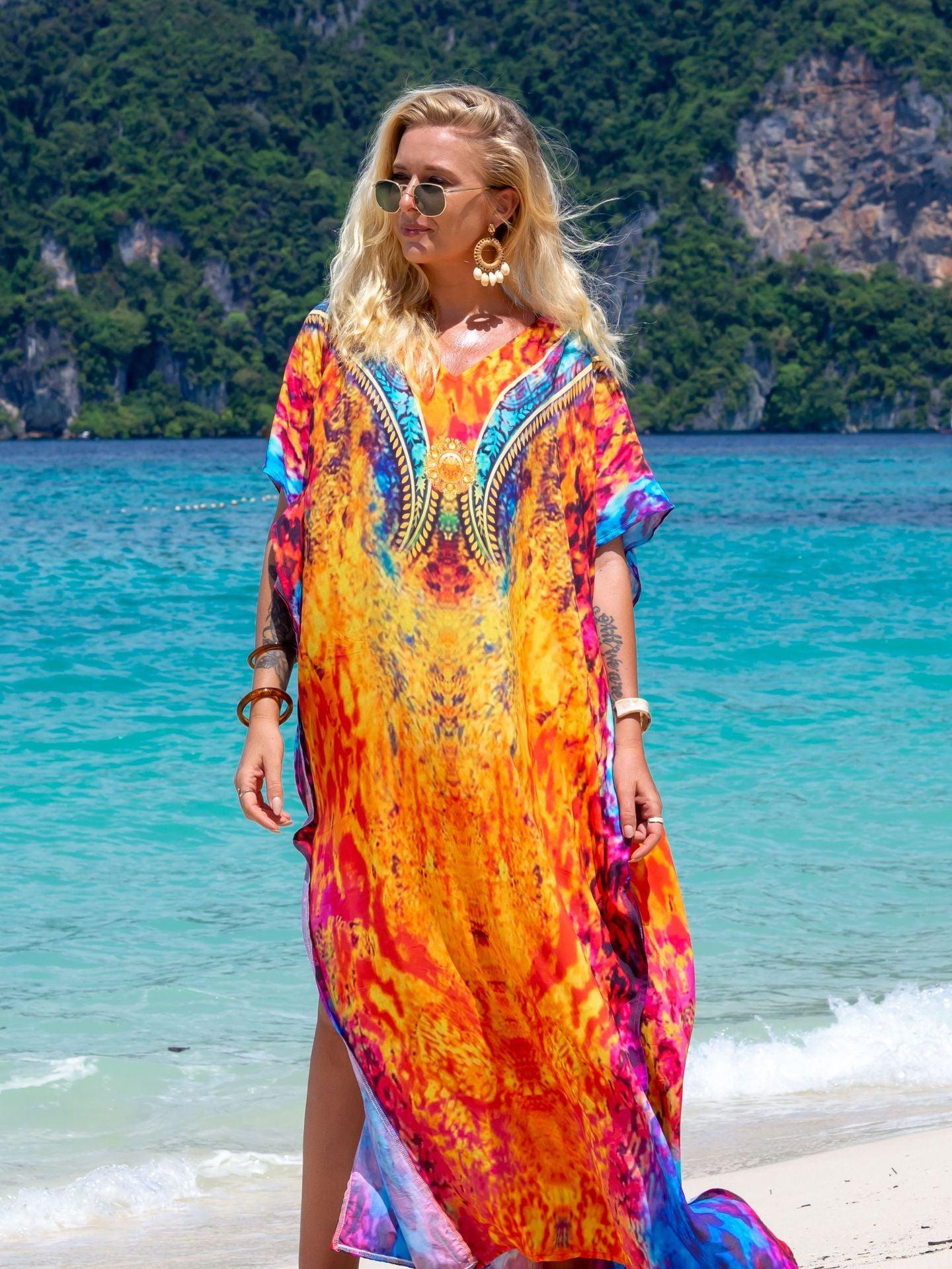 Rayon Printed Robe Seaside Holiday Sun Protection Shirt Beach Dress Bikini - Nioor