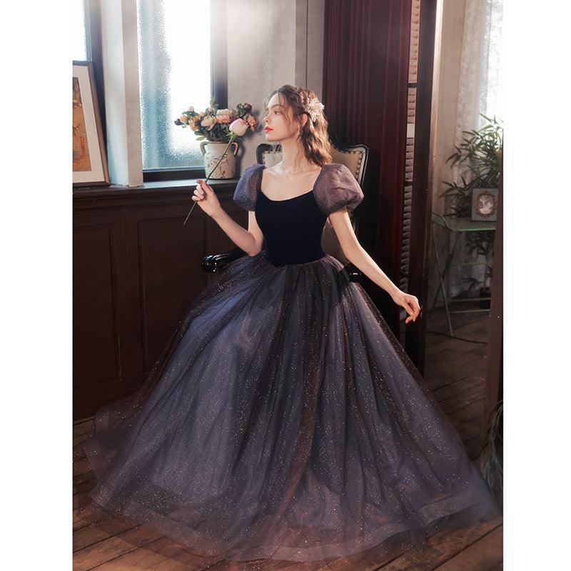 Blue Bubble Sleeve Wedding Dress Banquet Evening Dress Bride Toast Dress - Nioor