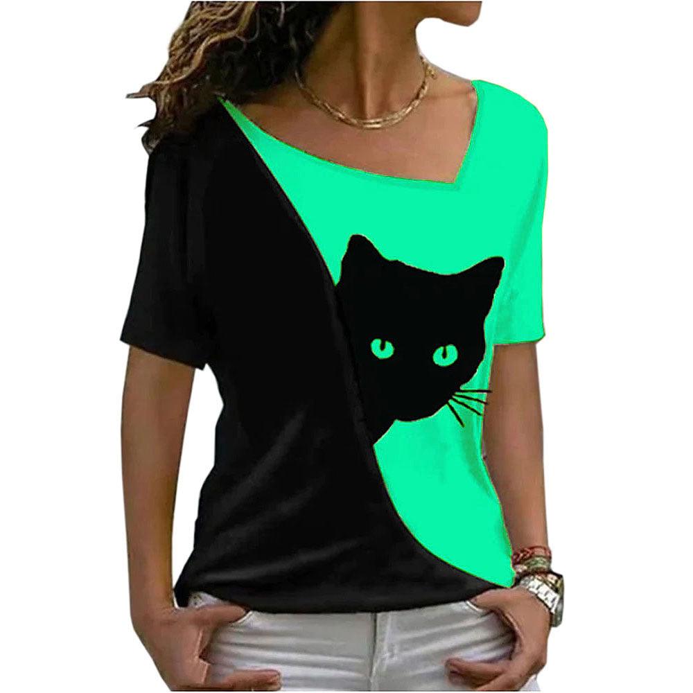 Women's Cat Printing Top Short Sleeve - Nioor