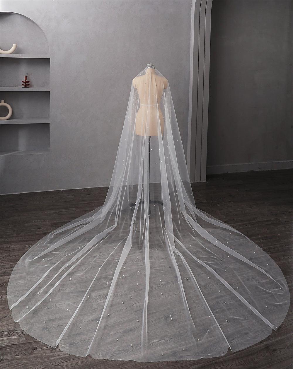 Pearl Wedding Veil 1 Layer Long Bridal Cathedral Veil - Nioor