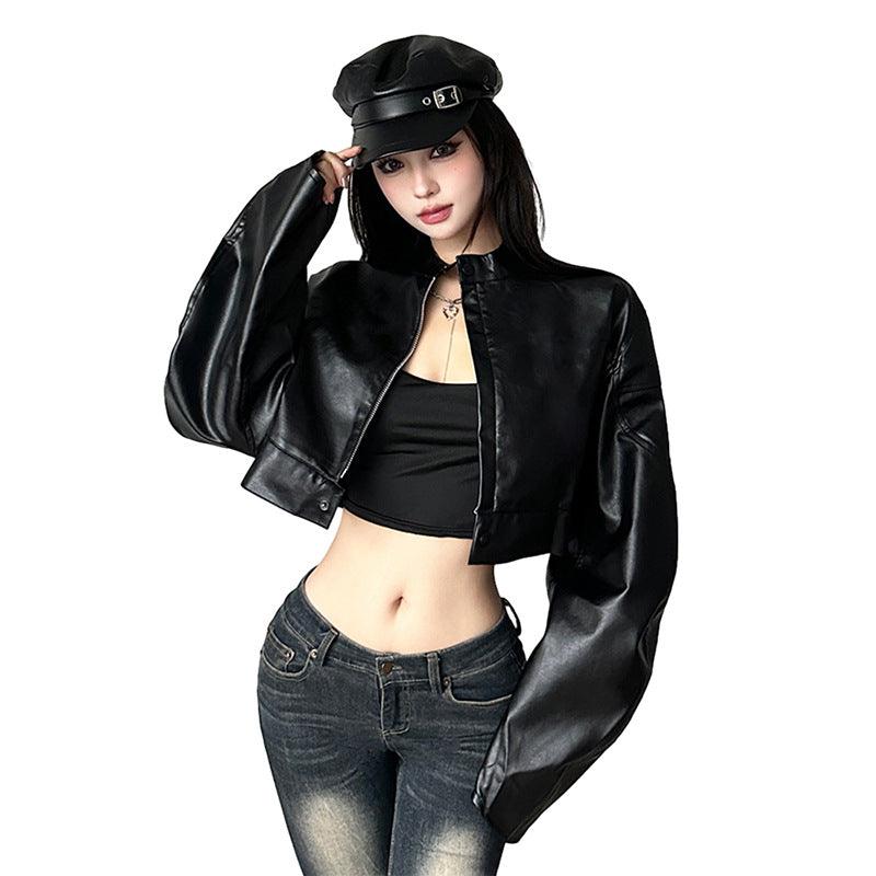 Single-breasted Leather Coat Midriff-baring Loose Coat - Nioor