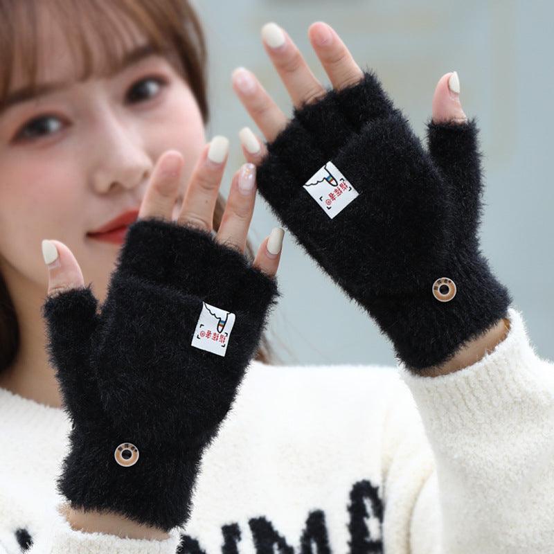 Knitted Plush Flap Half Finger Gloves - Nioor