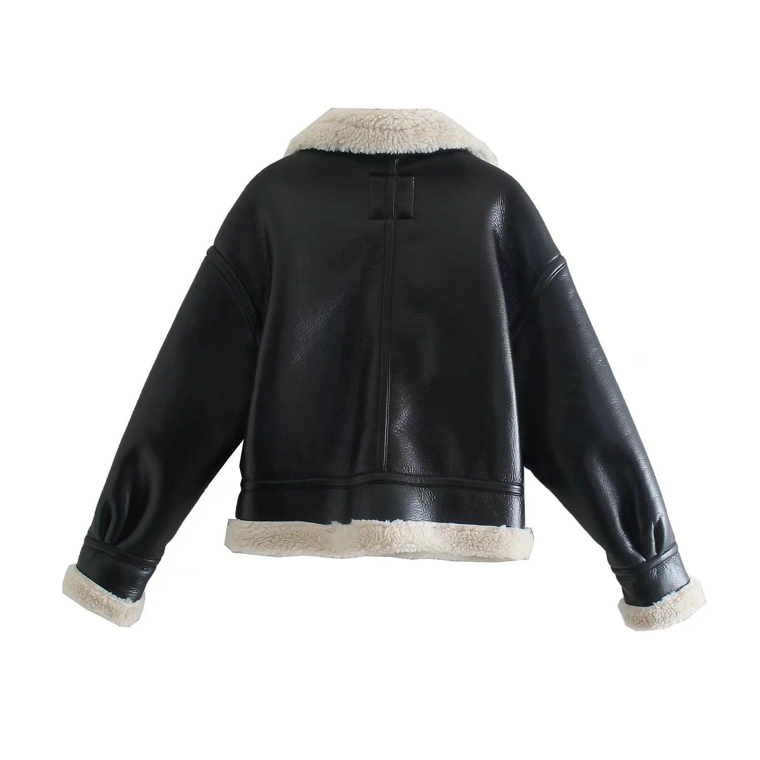 Trendy Biker Fleece Padded Faux Leather Jacket - Nioor