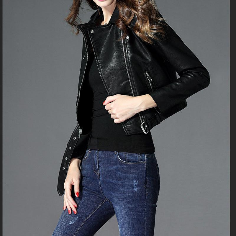 Women's Short Slim PU Leather Jacket - Nioor