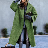 Autumn And Winter Long Woolen Color Temperament Commute No Belt Lapel Loose Woolen Green Coat - Nioor