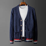American Style Trend Pure Cotton Cardigan Sweater Plus Size V-neck Coat Contrast Color Men - Nioor