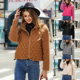 Women's Plush Jacket With Rhombus Stitching Design Clothing Fashion Winter Warm Lamb Lapel Zipper Short Coat Outwear - Nioor